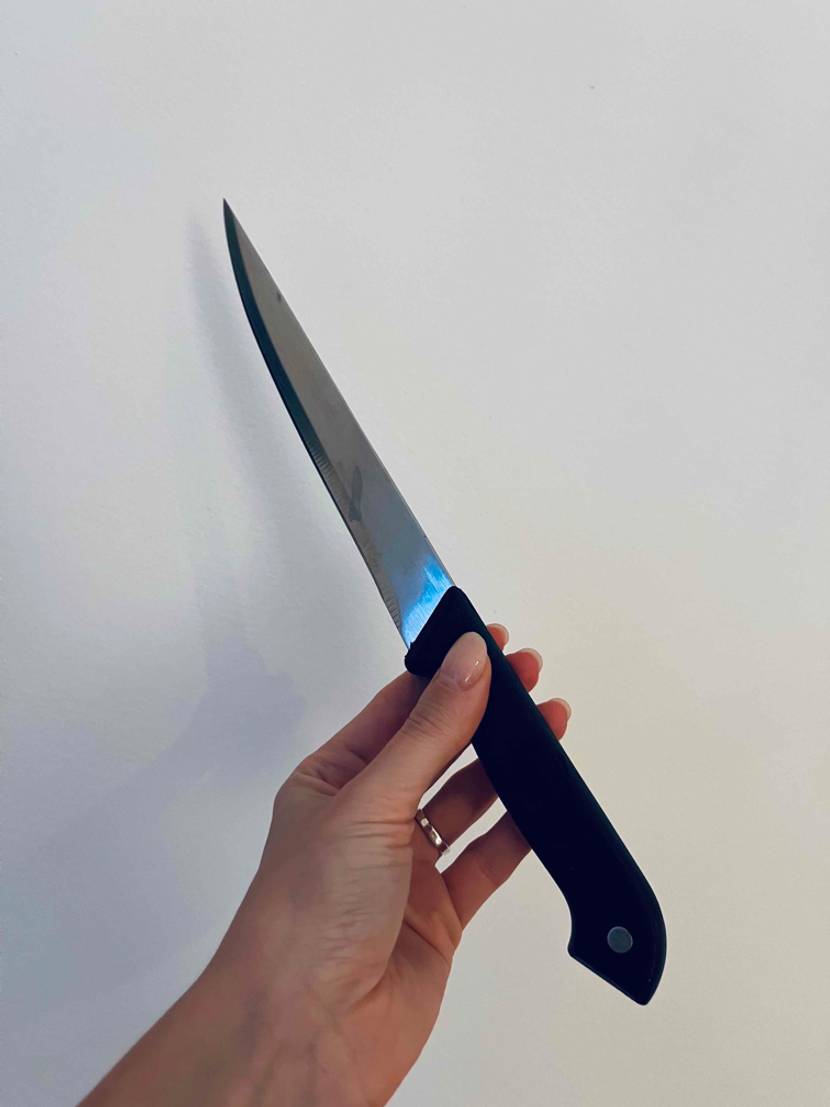 Kuchenmesser im Test: Kuchenmesser mit schwarzem Griff und gebogener Klinge wird vor weißen Wand gehalten.
