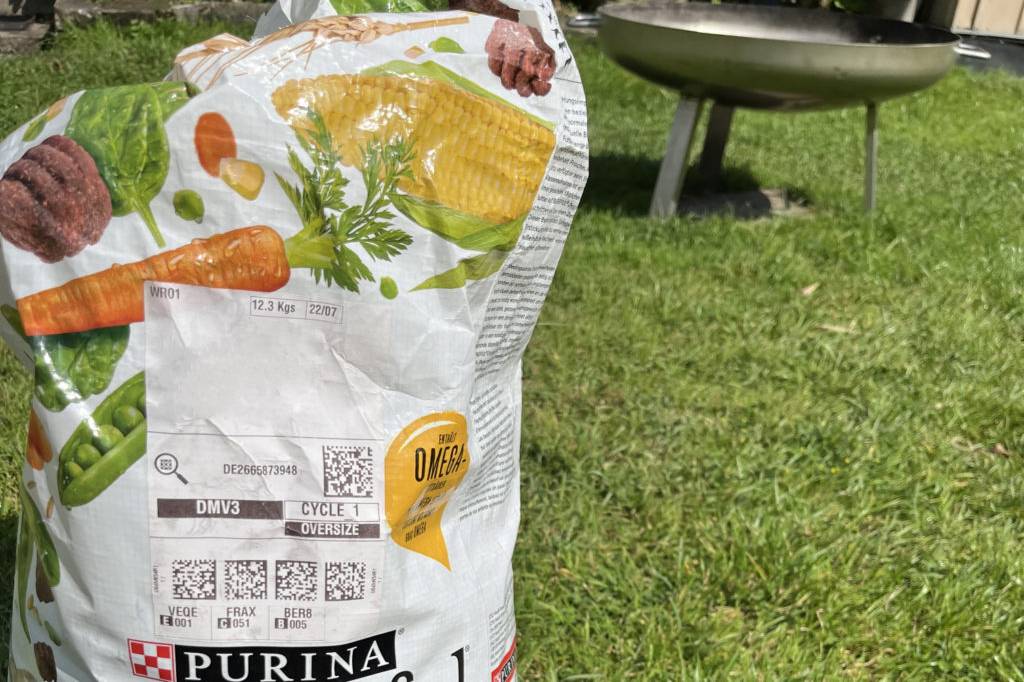 Hundetrockenfutter neben einen Hund
