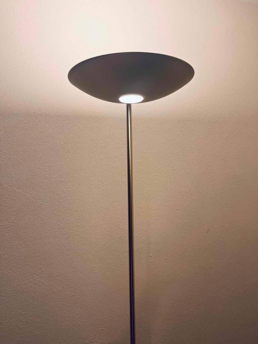 Eine getestete Tageslicht-Stehlampe angeschaltet vor einer hellen Wand.