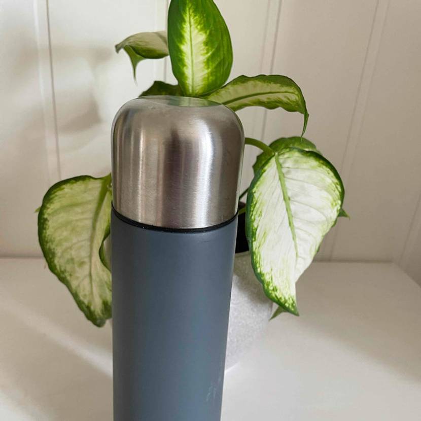 Thermosflasche-Test: Eine dunkelblaue Thermosflasche mit Edelstahldeckel steht vor einer Zimmerpflanze auf einem weißen Tisch.