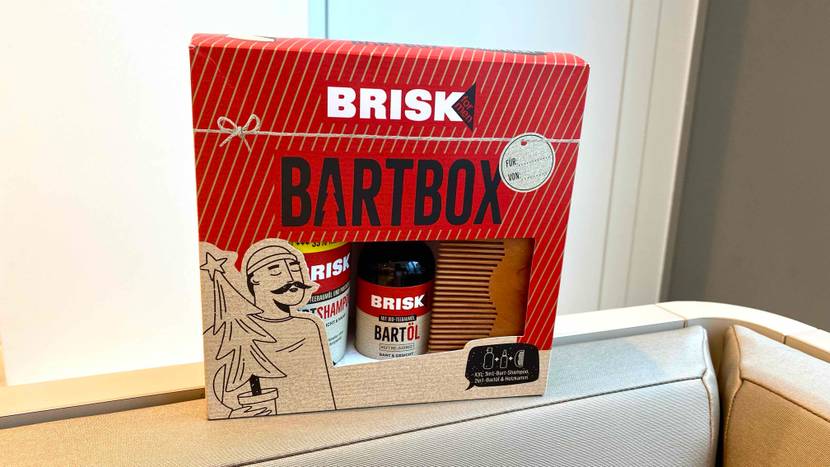 Brisk Bartbox Bartpflege-Set im Test steht in seiner beige-roten Verpackung auf einer beigefarbenen Bank-Rückenlehne.