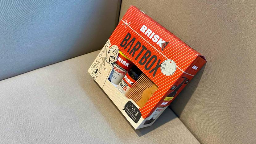 Ein getestetes Bartpflege-Set von Brisk Bartbox lehnt inklusive Verpackung auf einem beigefarbenen Sessel.