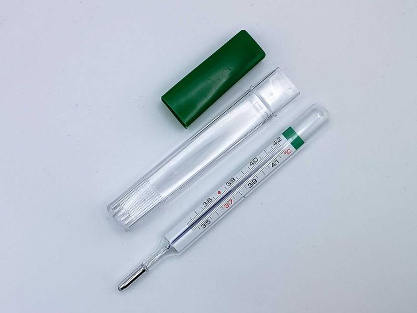 Fieberthermometer neben Hülle
