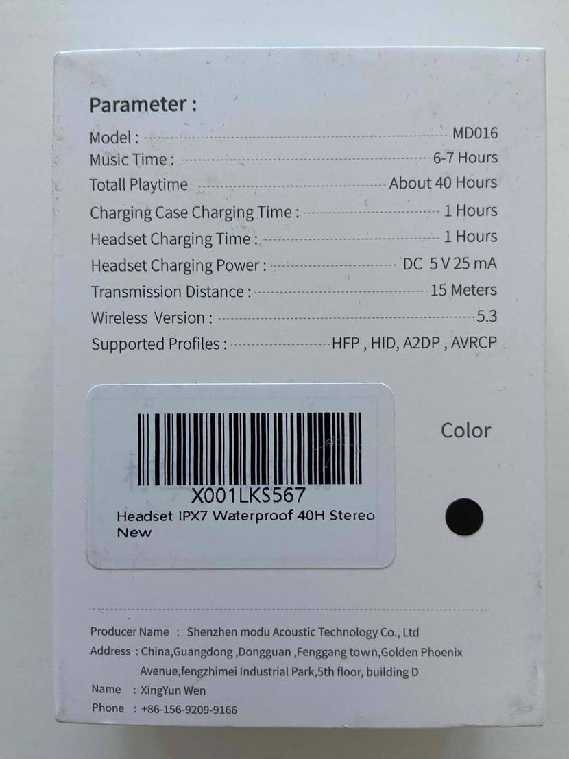 In-Ear-Bluetooth-Kopfhörer getestet: Rückseite der Originalverpackung mit Informationen.