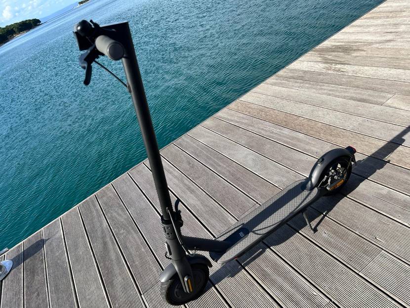 Elektroroller-Test: Grau-schwarzer Elektroroller steht auf einem Holzsteg am Wasser.