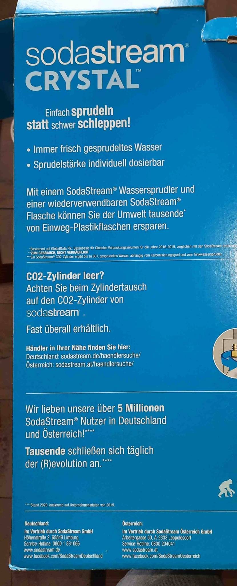 Sodastream getestet: Nahaufnahme der Seite einer Originalverpackung mit Informationen.